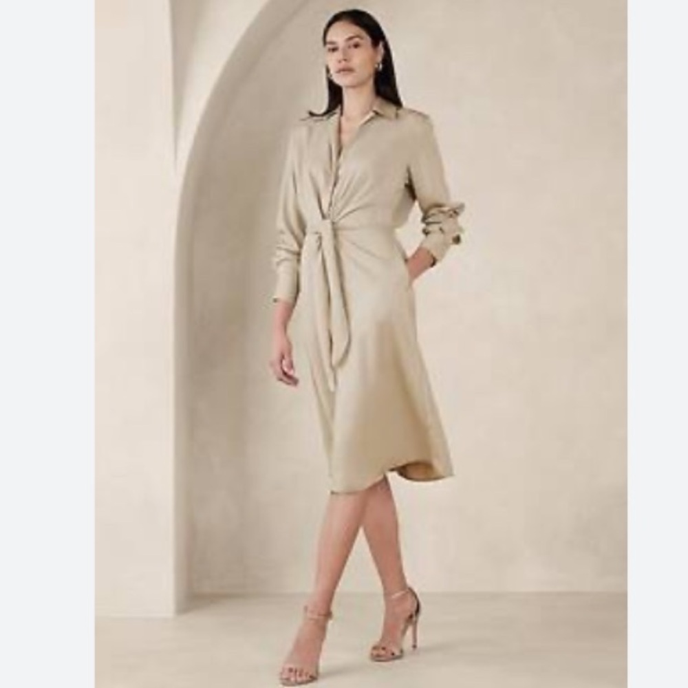 SATIN TIE-FRONT MIDI SHIRTDRESS Elegant Cream Satin Tie-Front Midi Dress